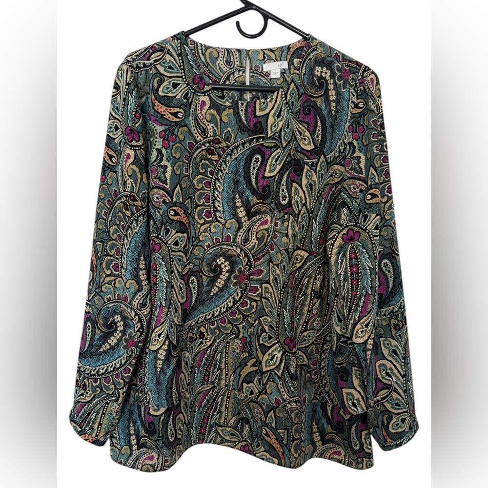 J Jill Paisley Tiered Long Sleeve Round Neck Tunic Women's Top SzL